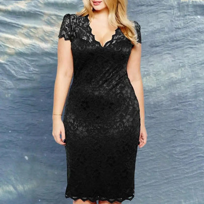 Summer Women See-through Lace Patchwork Mini Dress V-Neck Short Sleeve Slim Fit Plus Size Party Dress Female Clothing