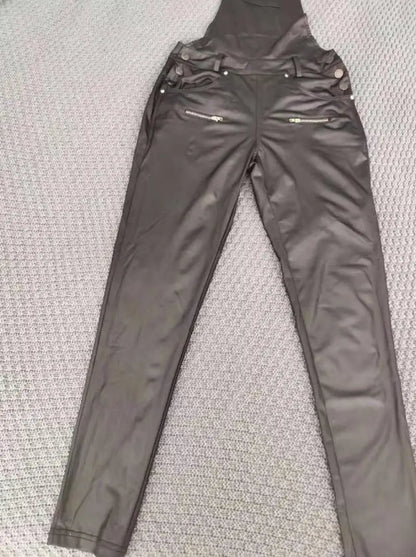 Jumpsuit Shoulder Strap Square Neck Sleeveless Pu Leather Buckle Zipper Suspender Tight Fitting