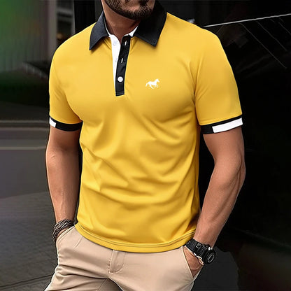 Men Summer New Short Sleeve Fashion Spell Color Lapel Golf Polo Shirt Men Sport Button Business Casual Golf Polo Shirt Tops