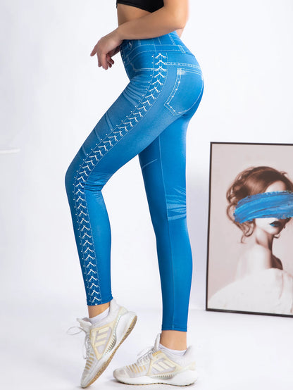 New Fashion High-waisted Imitation Denim Leggings Women Europe And America Sexy High-stretch Tight Nine-point Pants Women