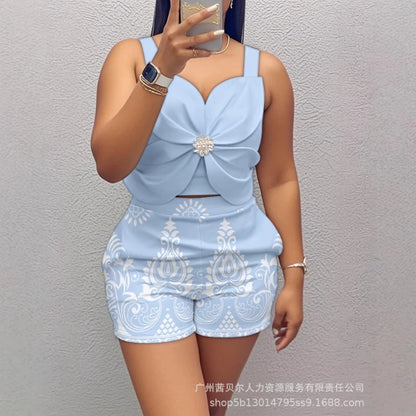 Shorts Pant Set Women Two Piece Sets Matching Sets Sling Tops Short Pants High Waist Print Y2k Streetwear Elegant Work Beach