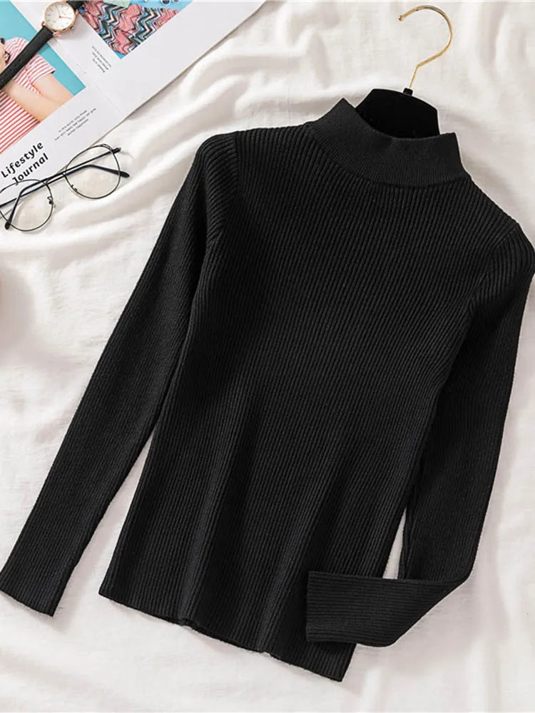 Zoki Autumn Women Pullover Sweater Half Turtleneck Long Sleeve Knitted Jumper Winter Elastic Solid Basic Ladies Blouse New San Remo