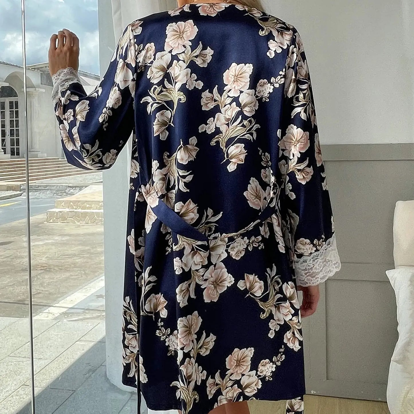 Women's Satin Nightgown Sexy Lace Patchwork Home Bathrobe Printed Robe with Belt Women's Bridal Party Casual Nightgown
