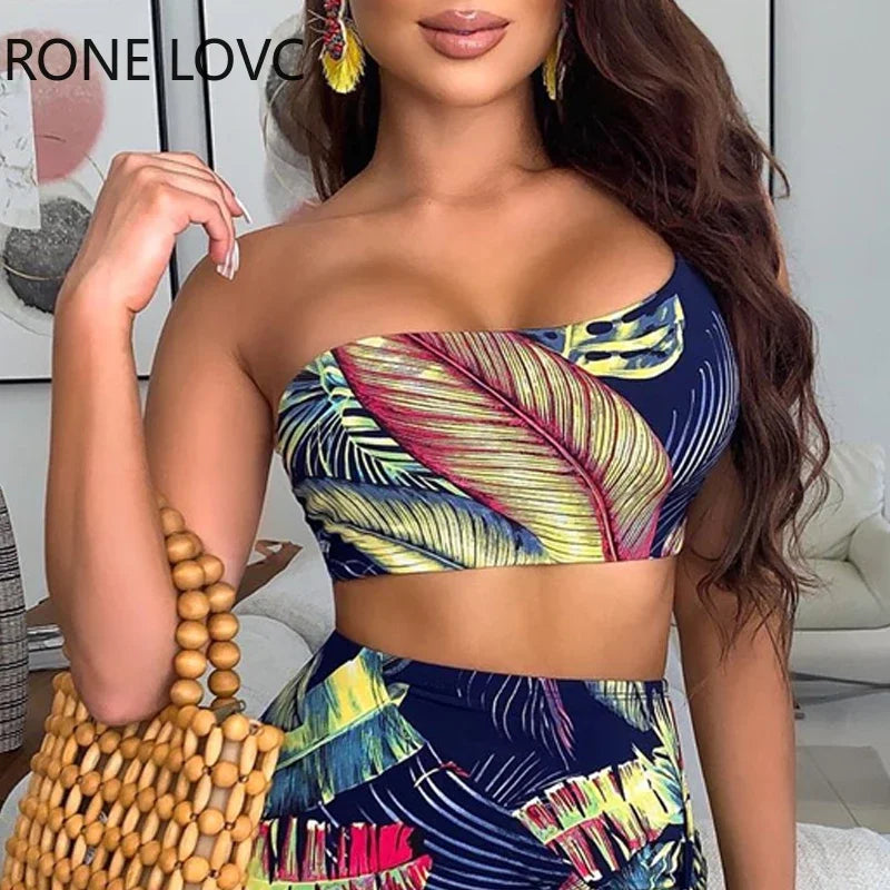 Women Off Shoulder Tie Front Top & Tropical Print Skirt Set  Casual 2 Pieces Set San Remo Shops