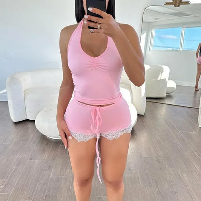 2pcs Sleeveless Tank Top & High Waist Shorts Pants