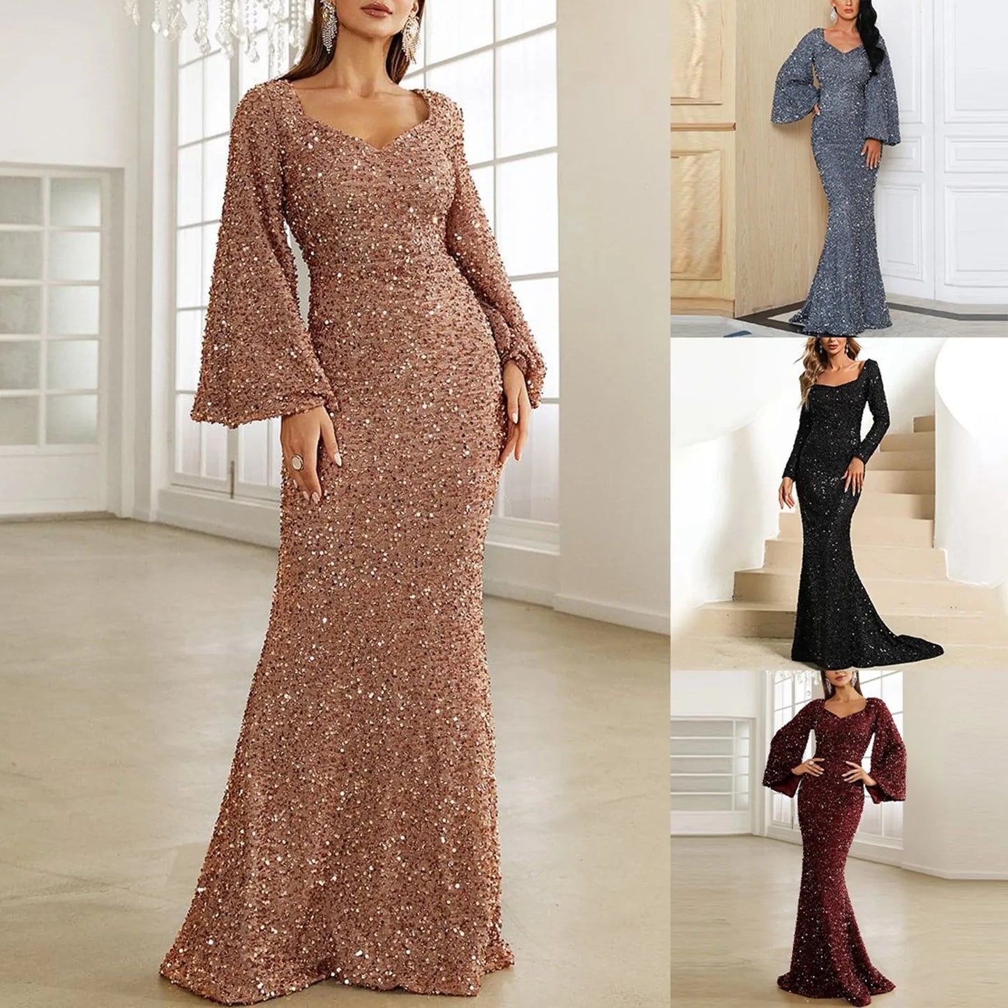 Women's Evening Dress Fashion Flare Sleeve Sequins Bridesmaid Dress Elegant High Waist Long Party Gowns Vintage Prom Dresses San Remo Shops