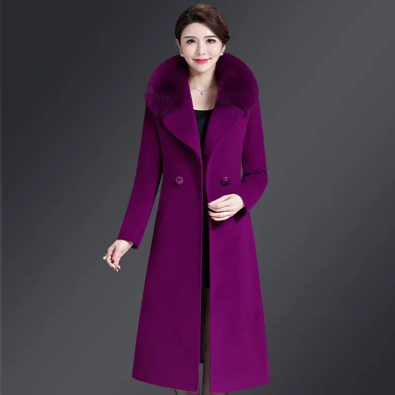 Autumn Winter Women Fashion Covered Coat Warm Pure Color Long Jacket Ladies Outwear Slim Fur Collar High Quality Clothing San Remo