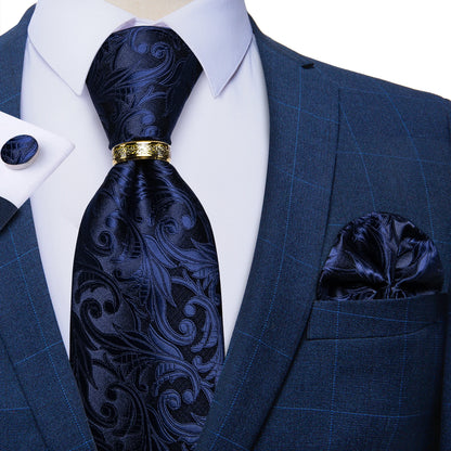 Tie Set Handkerchief Cufflinks With Gold Metal Ring 8CM Silk