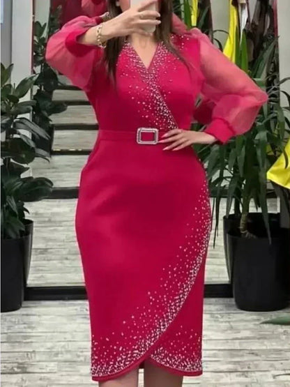 AOMEI Luxus Abendkleid V-Ausschnitt Perlengürtel Mesh Laterne Langarm Sexy Damen Party Classy Büro Damen Hochzeitsgastkleider