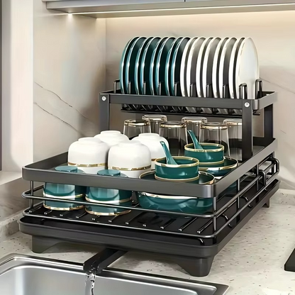Double-tier extendable dish drainer,