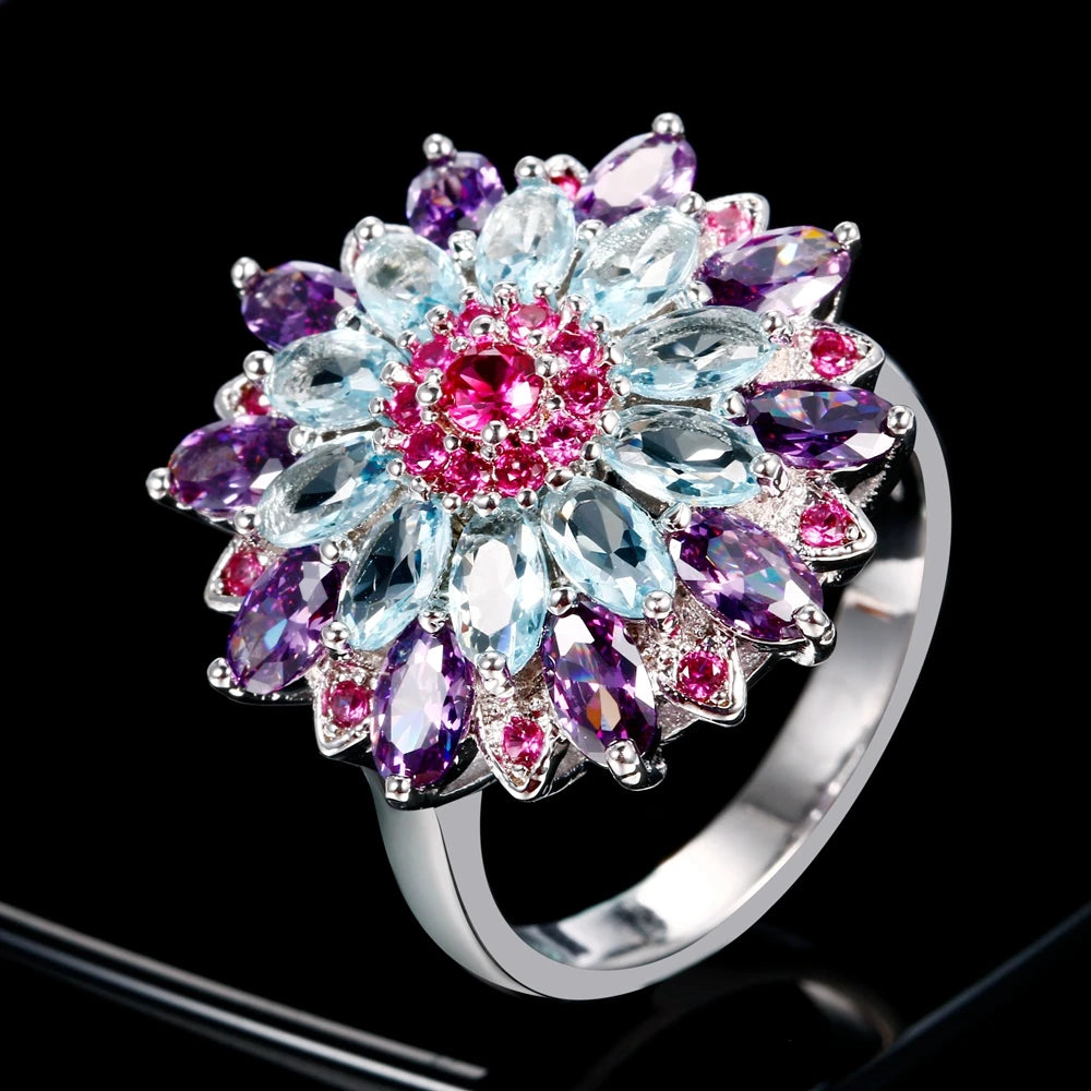 Nasiya Multicolor Gemstone Flower Shape Wedding Ring New Design Silver Color Jewelry Rings for Women Wholesale Jewelry San Remo