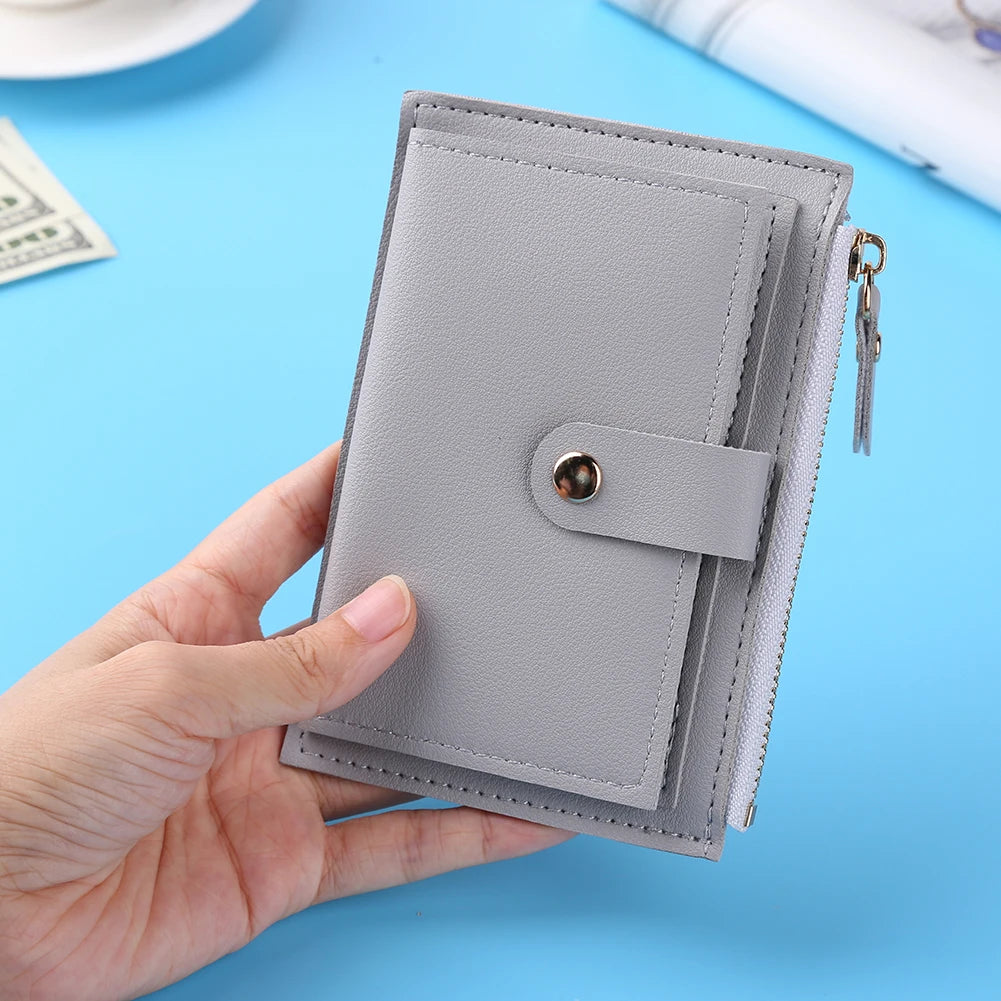 Women Fashion Multi-slot Zipper Card Holder PU Leather Mini Solid Color Wallet