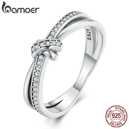 BAMOER Anillo de plata de ley 925 con doble capa de nudo, apilable, para mujer, diseño original, joyería fina SCR896, 2 colores