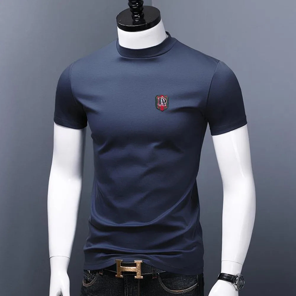 Men's Casual Turtleneck T-Shirts Short Sleeve Solid Slim Fit Silk High Neck Tops Inner Wear Trendy Round Neck Base Layer Shirt San Remo Shops