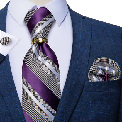 Tie Set Handkerchief Cufflinks With Gold Metal Ring 8CM Silk