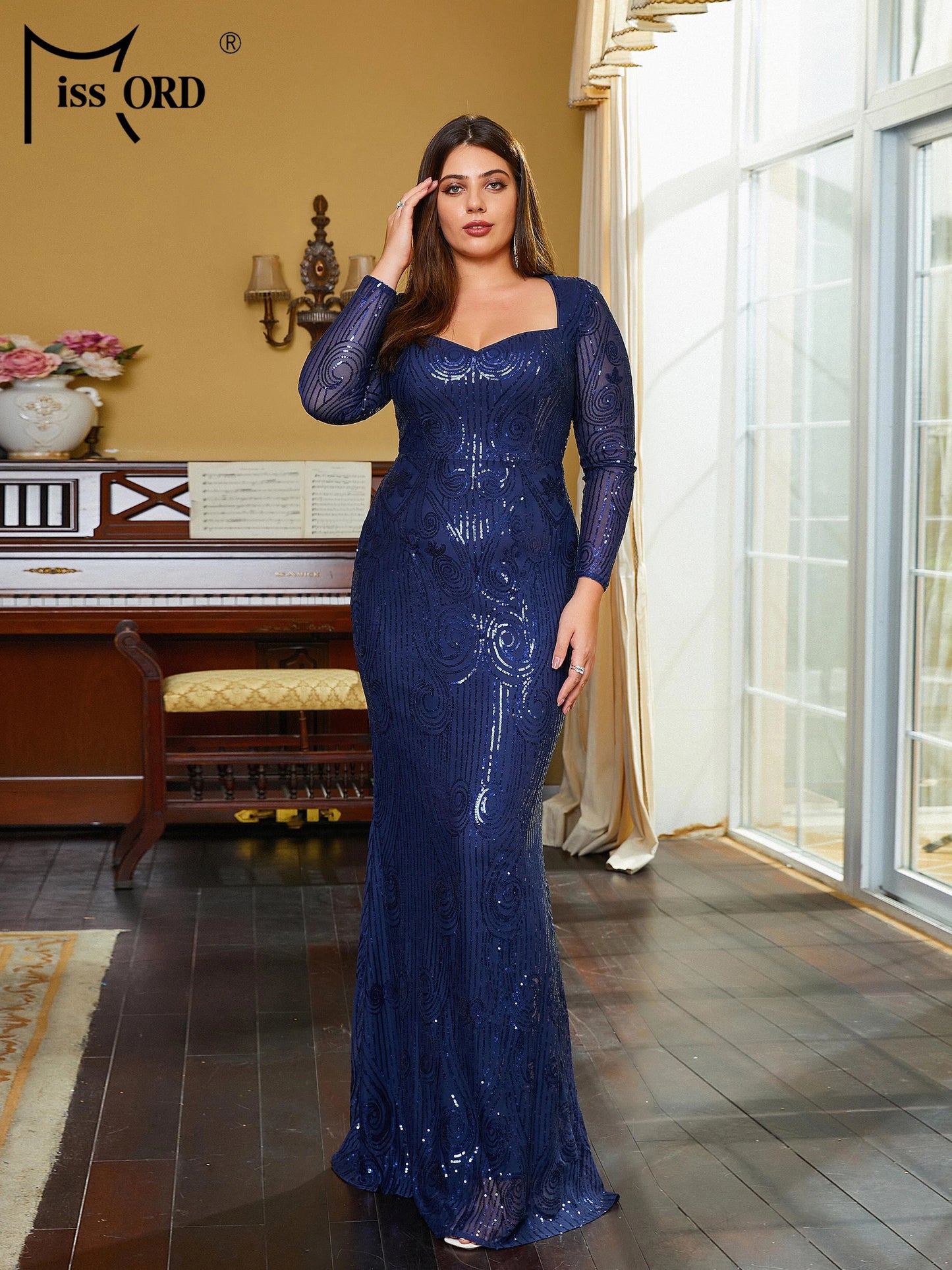 Missord Plus Size Blue Sweetheart Mermaid Long Sleeve Sequin Prom Party Evening Dress Formal Occasion Dresses San Remo Shops