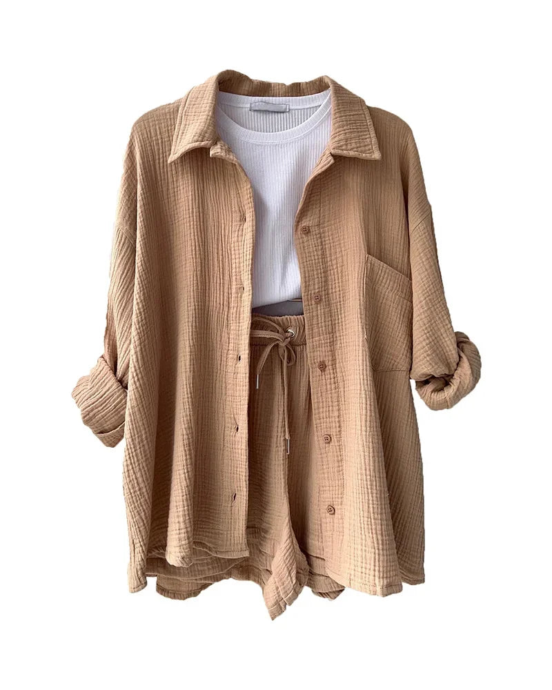 Summer Women's Suit Short Sets Outfits Muslin Suit For Women 2025 Two Piece Female Clothing Solid Button Outfits