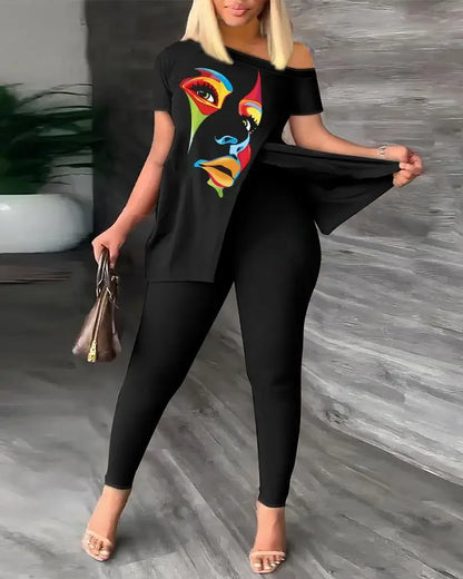 Summer Fashion Printed Two Piece Set Women Causa Off Shoulder Short  Sleeve Split T-Shirt Leggings Slim 2 Piece Suit Women