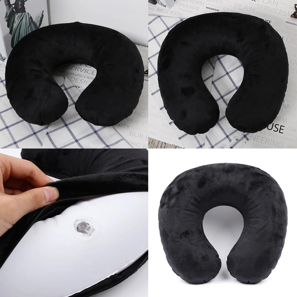 U-shaped Travel Pillow Car Air Flight Office Inflatable Neck Pillow Short Plush Cover PVC Support Headrest Soft Nursing Cushion San Remo Shops