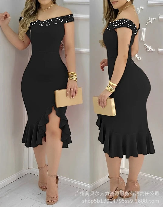 Summer Fashion Beaded Off Shoulder Ruffles Slit Hem Elegant Plain Short Sleeve Skinny Midi Party Dress