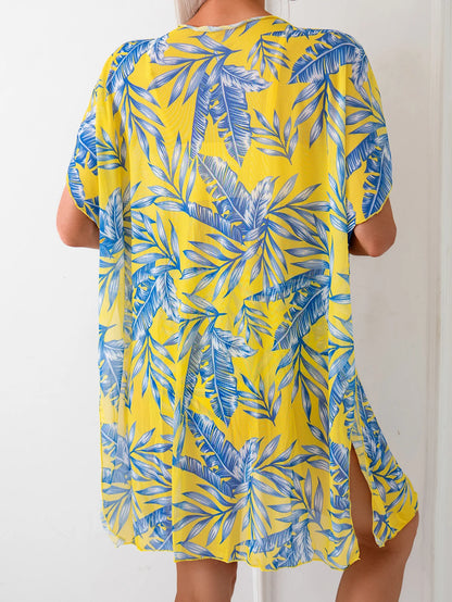 3-piece set Bikini Maple Leaf Printed High Waist Mesh Coat Triangle slimming bikini swimsuit for women