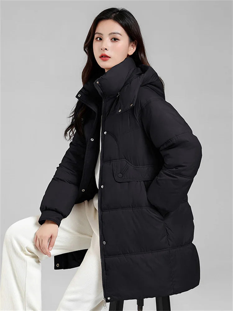 Down Cotton Coat Women New Fashion Long Loose Detachable Hooded Parkas Jacket Casual Thick San Remo