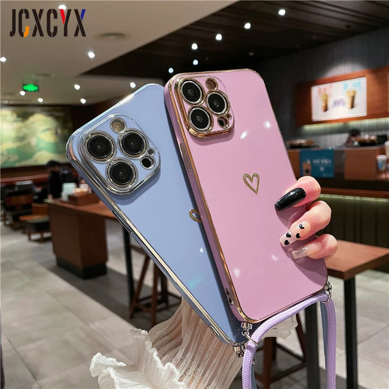 Crossbody Lanyard Cord Plating Love Soft Case For iPhone 14 Pro Max 13 12 11 XS XR 8 7 Plus SE3 MiNi Lens Protector Back Cover San Remo