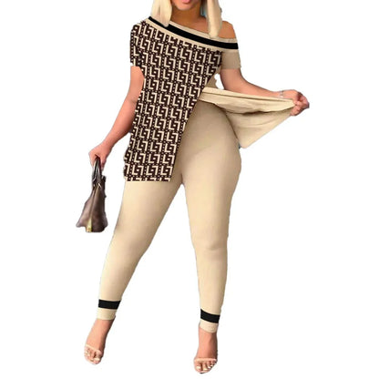 Summer Fashion Printed Two Piece Set Women Causa Off Shoulder Short  Sleeve Split T-Shirt Leggings Slim 2 Piece Suit Women