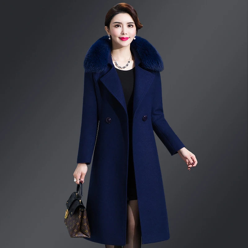 Autumn Winter Women Fashion Covered Coat Warm Pure Color Long Jacket Ladies Outwear Slim Fur Collar High Quality Clothing San Remo