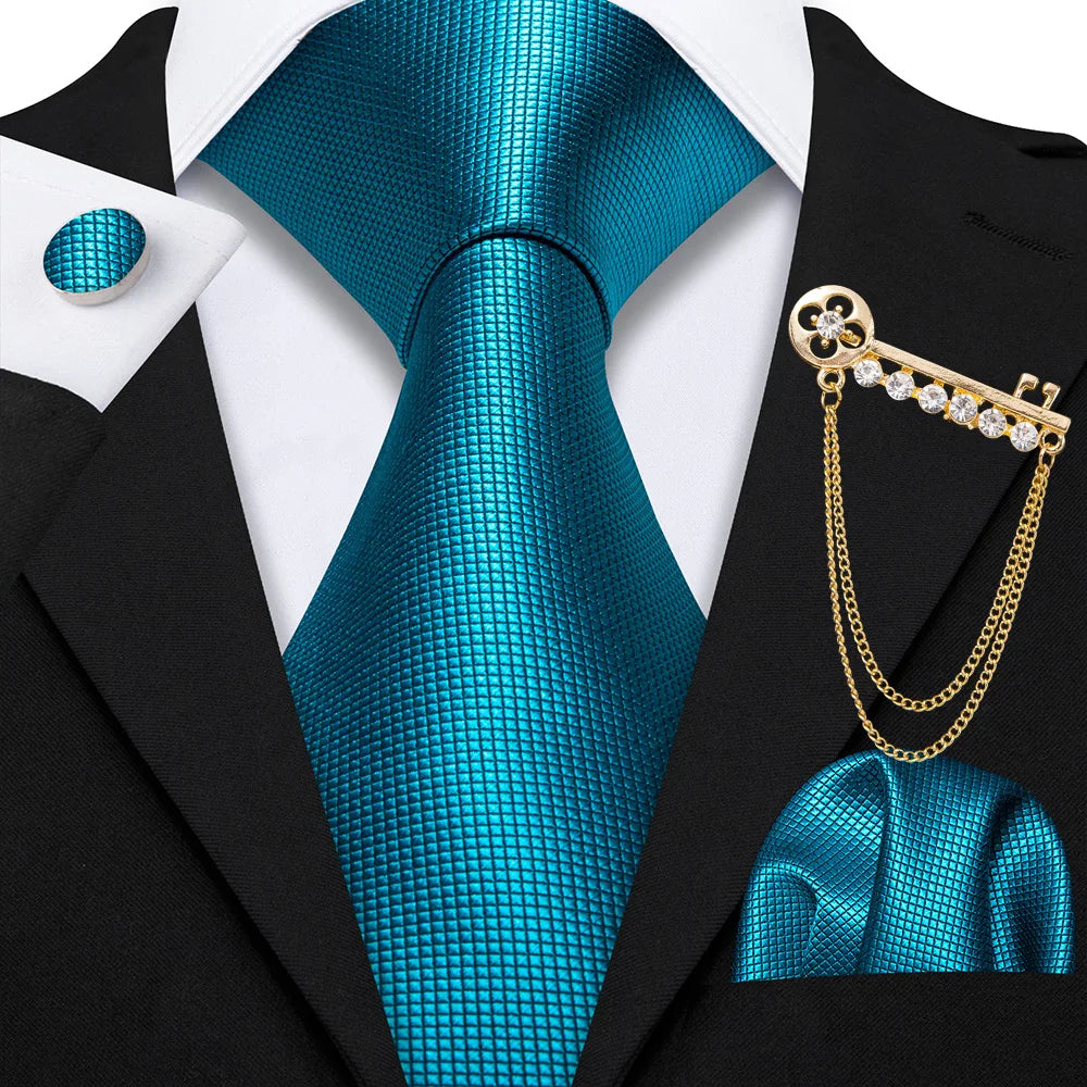 Fashion Teal Men Necktie With Brooch Pocket Square Cufflinks Sets Exquisite Silk Solid