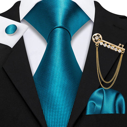 Fashion Teal Men Necktie With Brooch Pocket Square Cufflinks Sets Exquisite Silk Solid
