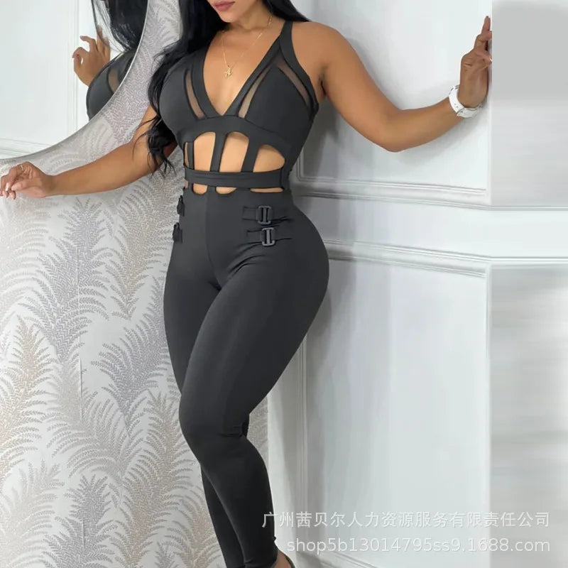 2025 Summer New Fashion Women's Solid Color Casual Trendy Skinny Hollowed Out Sleeveless Hanging Neck Jumpsuits Female Clothes