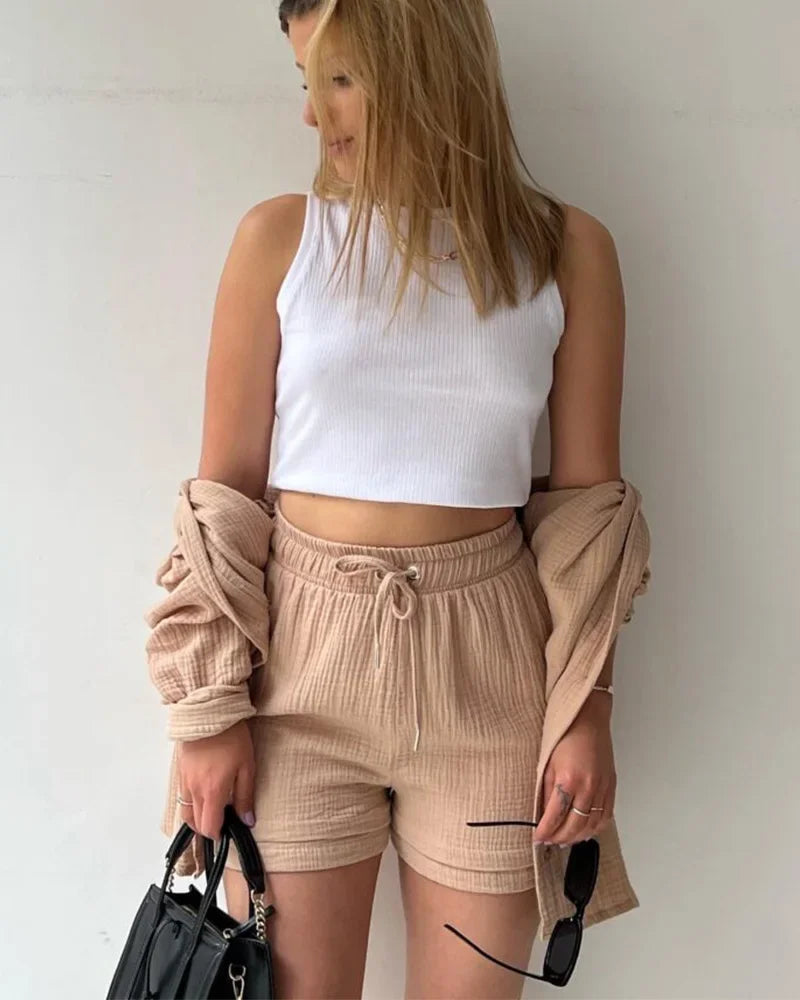 Summer Women's Suit Short Sets Outfits Muslin Suit For Women 2025 Two Piece Female Clothing Solid Button Outfits