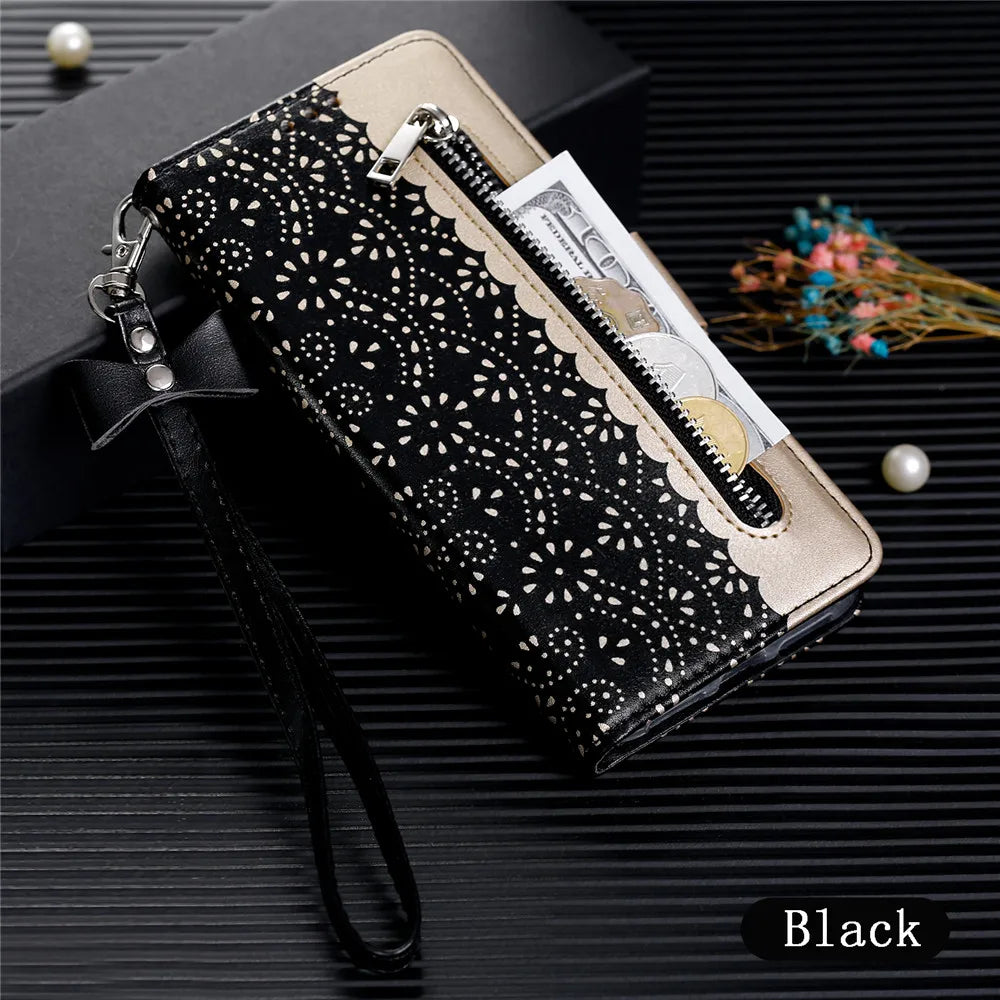 Zipper Leather Case For Xiaomi Redmi Note 11 11S 10 Pro 5G 9S 9 8 A1 9Pro 8Pro Flip Wallet Luxuly Lace Flower Phone Case Cover San Remo