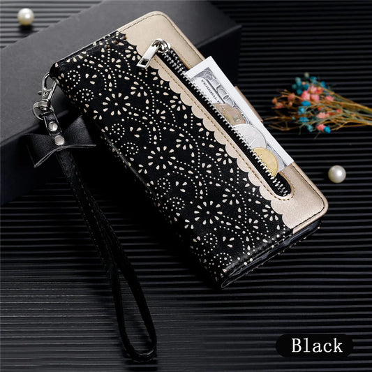 Zipper Leather Case For Xiaomi Redmi Note 11 11S 10 Pro 5G 9S 9 8 A1 9Pro 8Pro Flip Wallet Luxuly Lace Flower Phone Case Cover San Remo