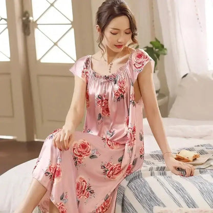 Plus Size 4XL Spaghettiträger Damen Nachtwäsche Luxus Blumendruck Elegantes Damen Satin Seide Nachthemd Damen Schlafshirts
