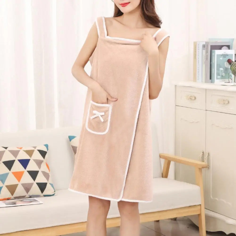 Women Wearable Bath Towel Coral Fleece Fast Drying Beach Spa Bathrobe Bowknot Decor Pocket Buttons Placket Shower Towel Dress San Remo Shops