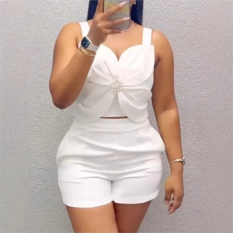Women's Two Pieces Sets Outfit New Fashion Sexy Backless Folds Casual Vest Pockets Shorts Set For Women Black Summer Clothing