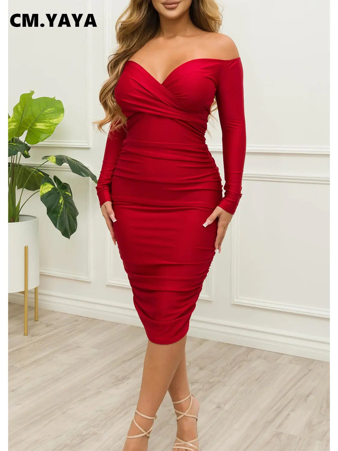 Off Shoulder V-neck Bodycon Midi Dress