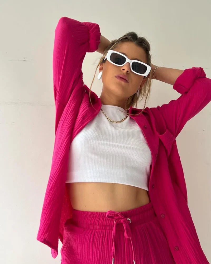 Summer Women's Suit Short Sets Outfits Muslin Suit For Women 2025 Two Piece Female Clothing Solid Button Outfits