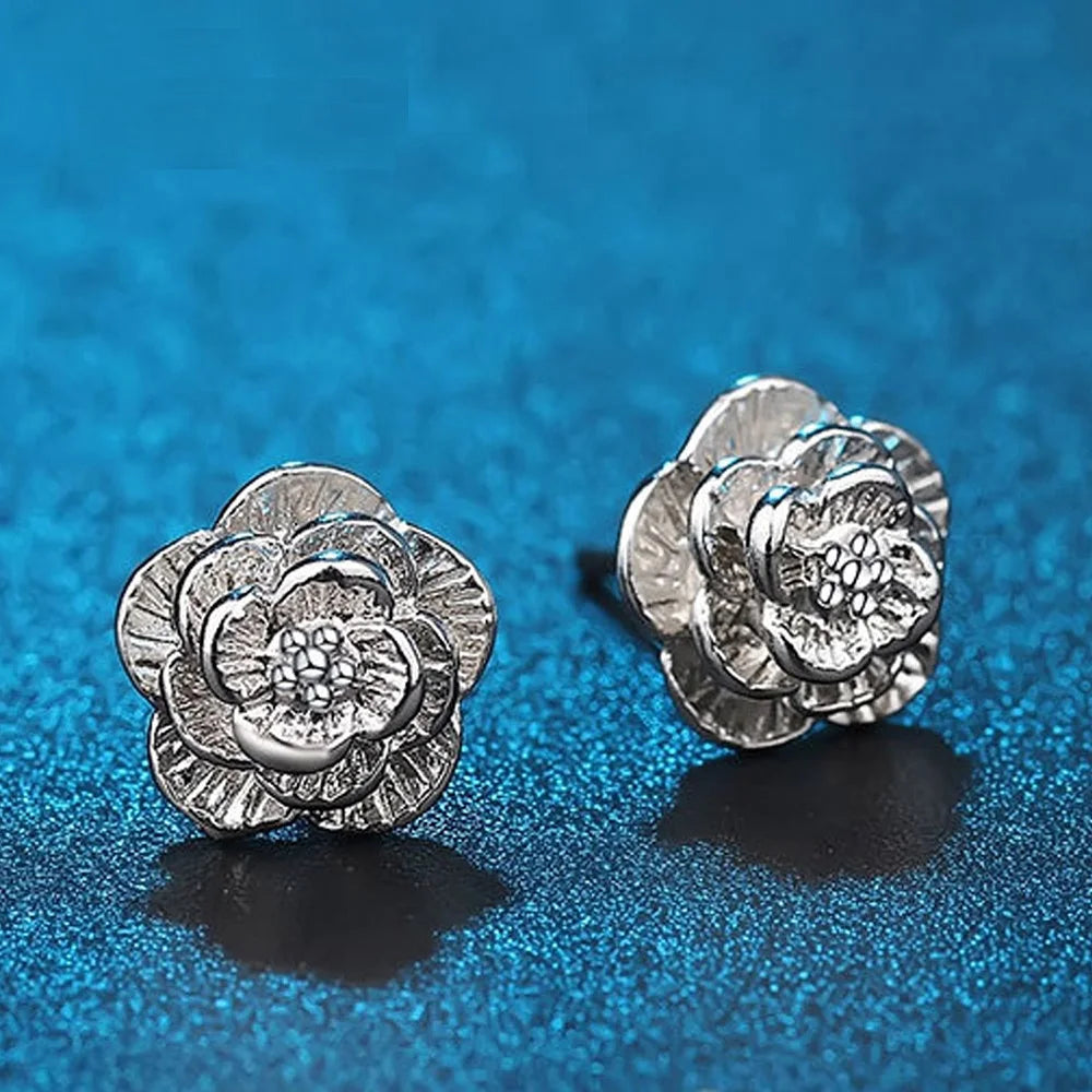 Hot 925 Sterling Silver Pretty rose Flower stud Earrings for Women Fashion classic party wedding Jewelry Holiday gifts San Remo Shops