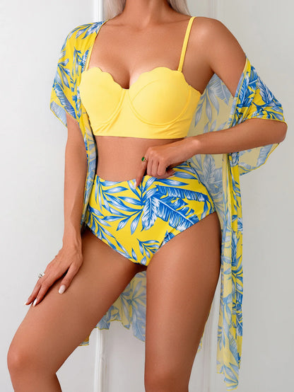 3-piece set Bikini Maple Leaf Printed High Waist Mesh Coat Triangle slimming bikini swimsuit for women