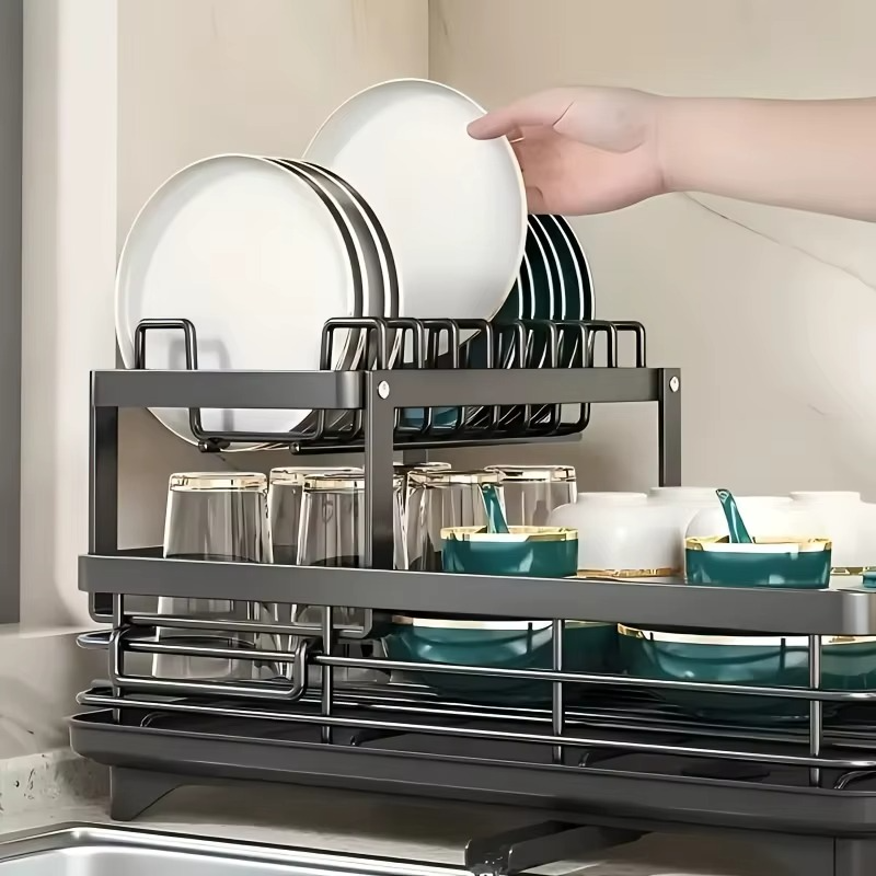 Double-tier extendable dish drainer,