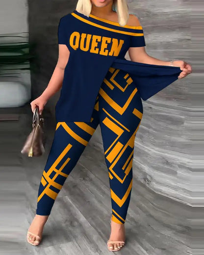 Conjunto de dos piezas para mujer, moda de verano, sexy, con hombros descubiertos, abertura, estampado, manga corta, top ajustado, leggings de cintura alta, pantalones, conjuntos.