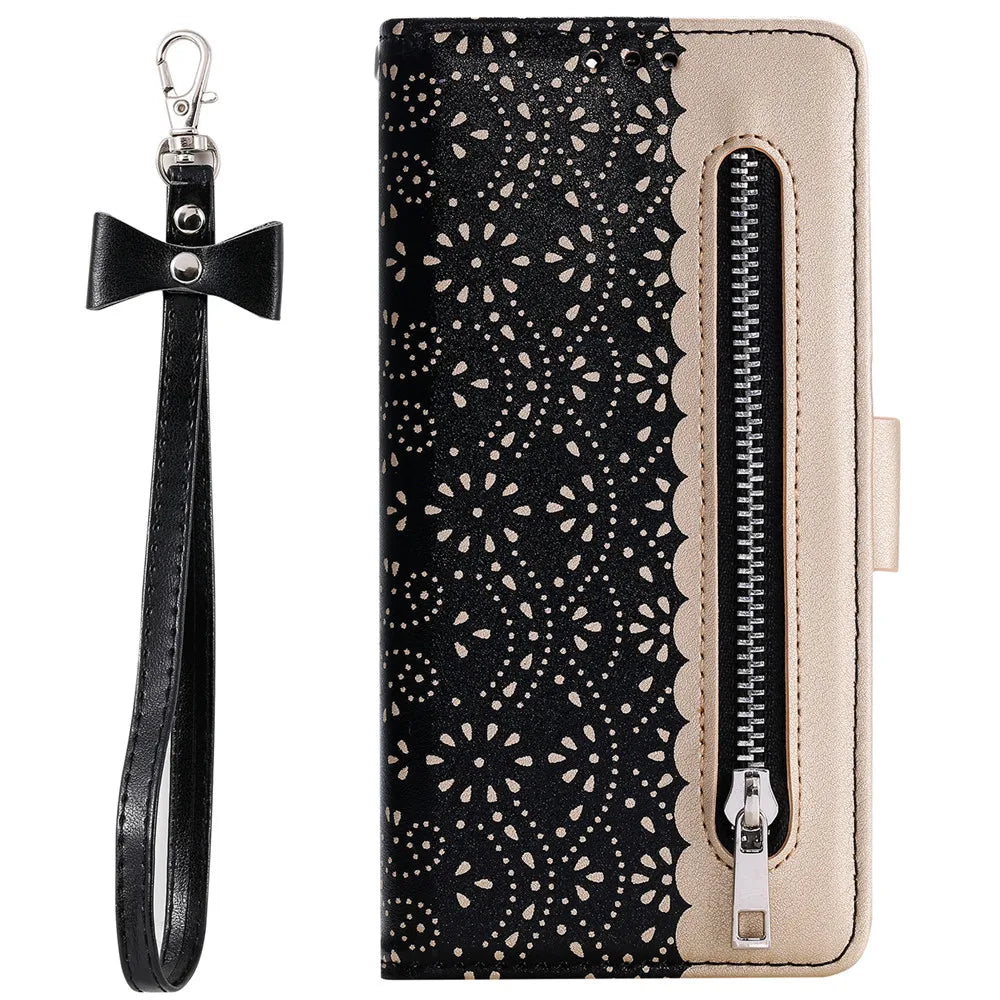 Zipper Leather Case For Xiaomi Redmi Note 11 11S 10 Pro 5G 9S 9 8 A1 9Pro 8Pro Flip Wallet Luxuly Lace Flower Phone Case Cover San Remo