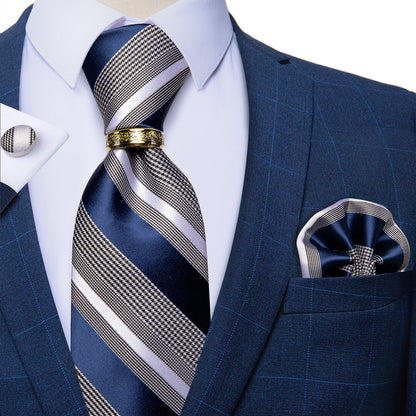 Tie Set Handkerchief Cufflinks With Gold Metal Ring 8CM Silk