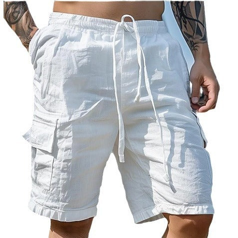 Cotton Linen Shorts Drawstring Elastic Waist Straight Leg Solid Color Breathable Beach Shorts San Remo Shops