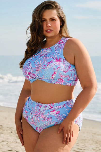 Sky Blue Plus Size Floral Print  High Waist Bikini Set