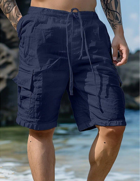 Cotton Linen Shorts Drawstring Elastic Waist Straight Leg Solid Color Breathable Beach Shorts San Remo Shops