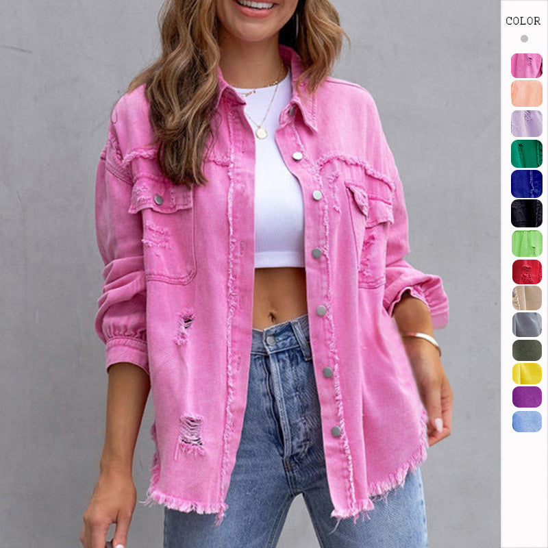 Fashion Ripped Shirt Jacket Female Autumn And Spring Casual Tops Womens Clothing San Remo